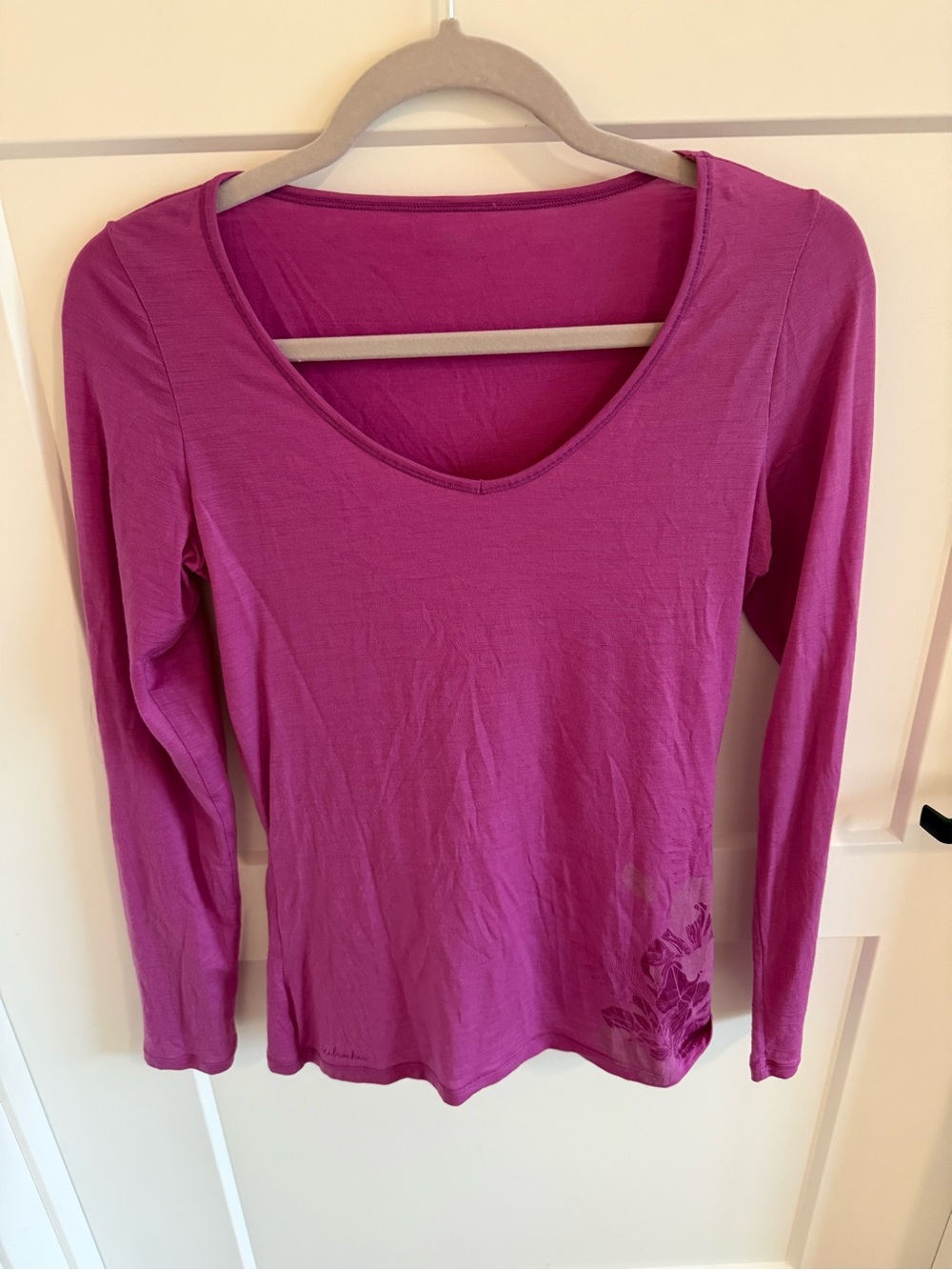 Icebreaker Merino Wool Long Sleeve Scoop Neck Top Pink Floral Print S